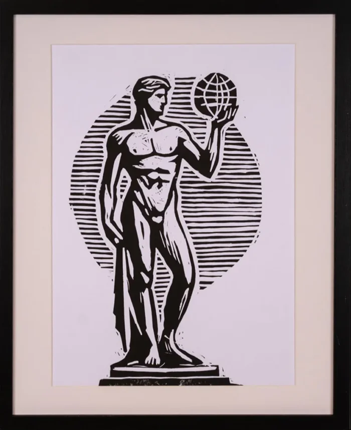 Statue with Globe — Linogravură pe hârtie, 40×50 cm cu ramă, ediție de 20 — Contemporary Form
